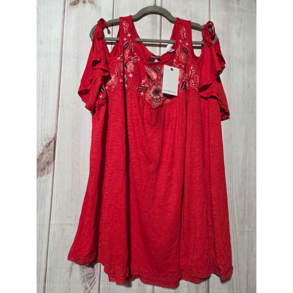 Fourteenth Place Red Embroidered Cold Shoulder Top 3X‎ Lace Trim Boho TS28034